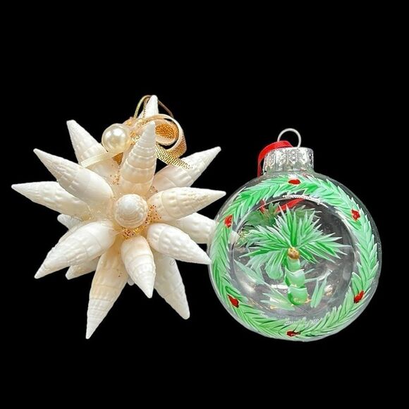 Vintage Christmas Ornaments Handmade Florida Palm Tree Seashells Holiday Beach - Picture 1 of 13